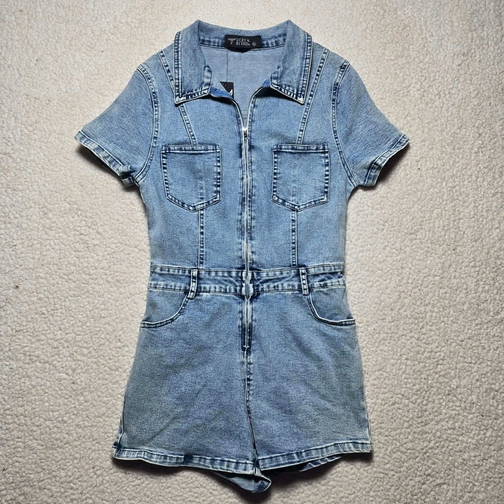 Lucky & Blessed Womens Blue Denim Zip Front Romper Short Sleeve Light Wash M